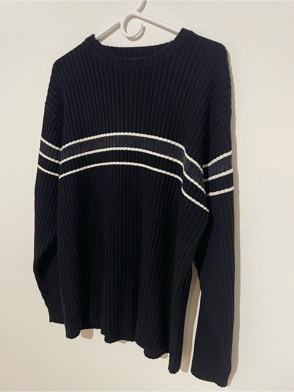 Men's Vintage Black Ribbed Sweater with White Stripes